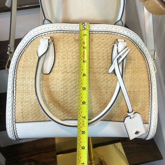 KATE SPADE White Leather Rattan Two Top Handle Tote Zipper Closure Crossbody Bag - Picture 8 of 17